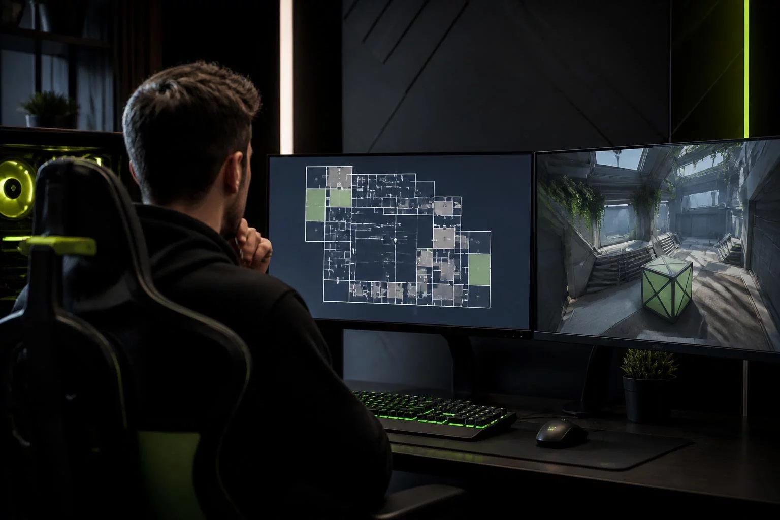 Competitive gaming team at a modern PC setup